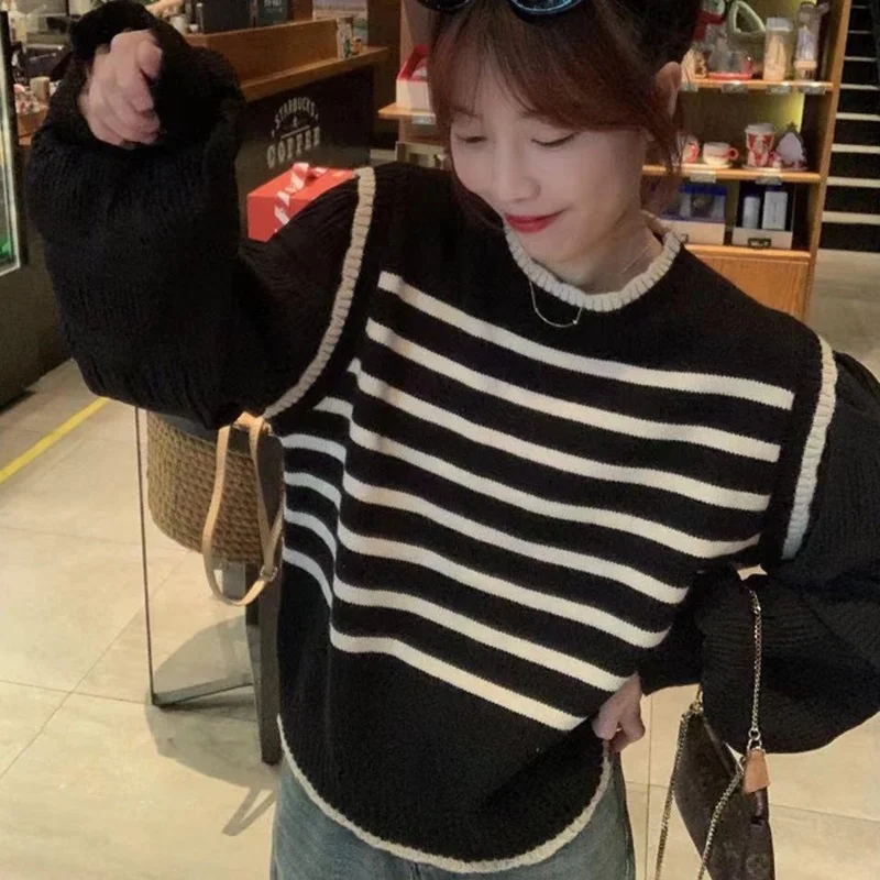 Women Long Puff Sleeve Patchwork Striped Fake Two-pieces Knitted Sweater Spring Autumn Korean Soft Glutinous Pullover Sweaters