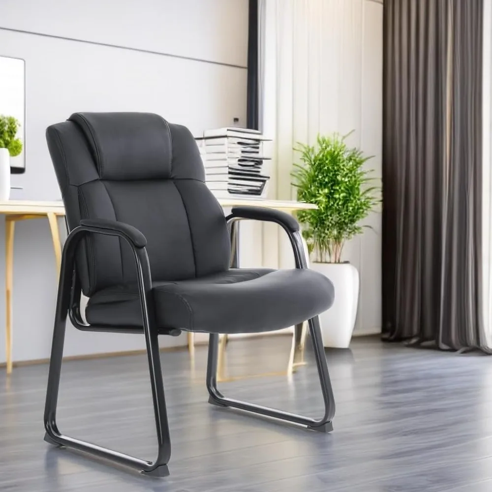 Silla de oficina grande y alta, sillón de recepción de cuero, reposabrazos acolchado unido, asiento ancho, Base de trineo, silla de escritorio sin ruedas, 4, negro, 400 libras