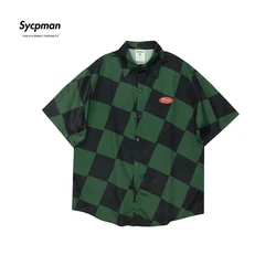 Sycpman Men American Style Retro Checkered Short Sleeved Shirts Summer Casual Couple Clothing Hiphop Streetwear