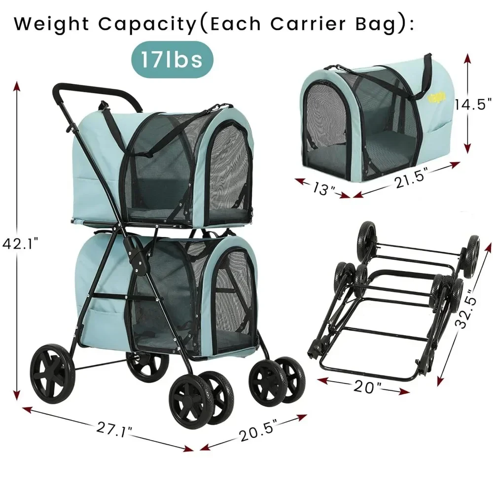 Dual Pet Cart, 4-in-1, 2 Detachable Baskets with Lockable Wheels, Suitable for Medium-Sized Pets, Foldable and Sturdy, Pet Cart