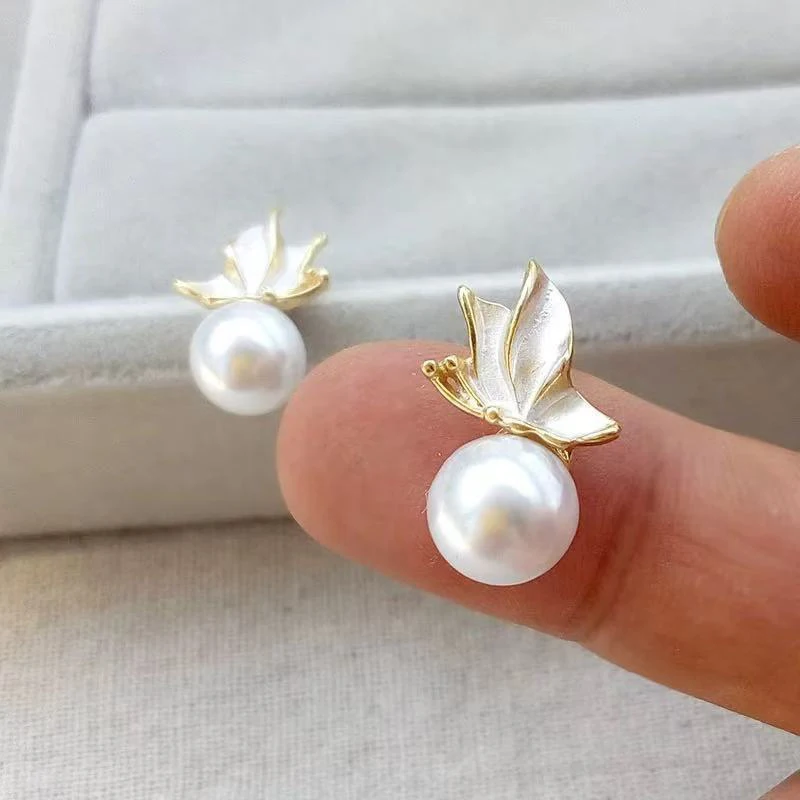 Silver Needle Oil-Drop Leaf Pearl Earrings, Women's Elegant Pearl Stud Earrings Fashion Jewelry Gift