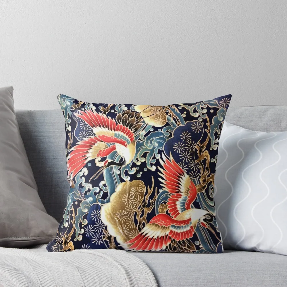 JAPANESE FLYING CRANES ,FLOWERS, SEA WAVES RED NAVY BLUE FLORAL Throw Pillow Cushions For Children Decorative Cushions pillow