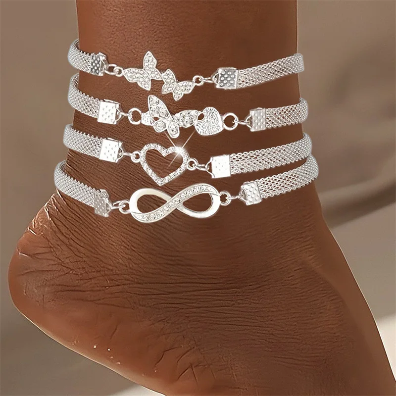 1-4PCS Shiny Heart Butterfly Infinity Crystal Rhinestone Anklet Set for Women Vintage Silver Color Ankle Bracelet Foot Jewelry