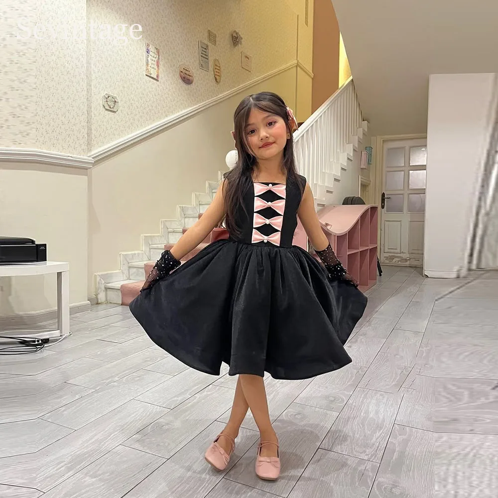 Sevintage Black A-Line Flower Girl Dresses With Bow Sleeveless Formal Dresses For Kids Square Collar Birthday Dresses Customized