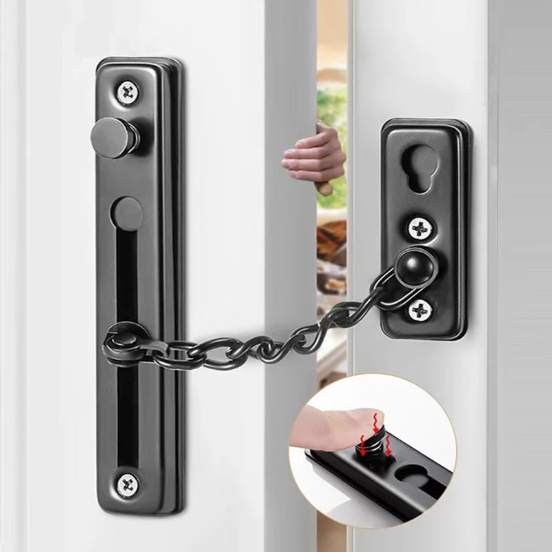 Door Chain Lock Stainless Steel Security Chain Guard With Spring Anti Theft Press Lock Heavy Duty Polished Door Latch With Screw