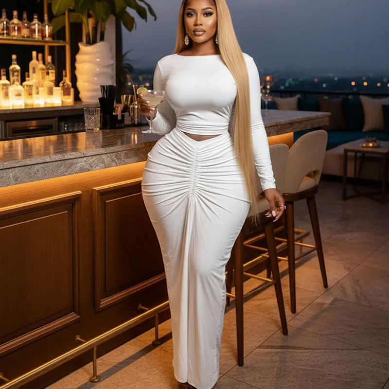 Doyerl Elegante Bodycon Maxi Jurk Sets Vrouwen 2-delige Club Outfit Party Lange Mouw Top + Lange Rok Bijpassende Set Ensembles Gewaden