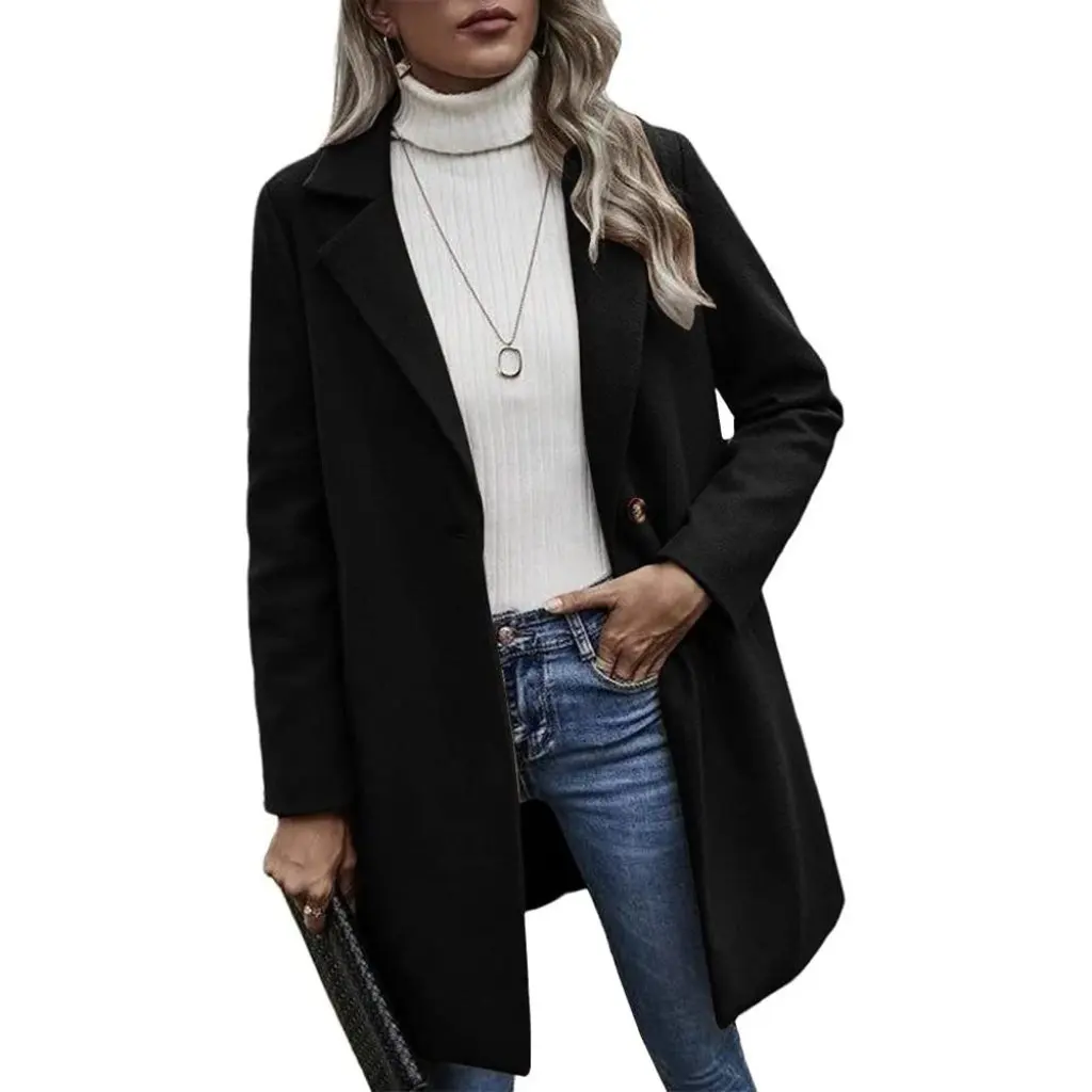 

Women's Double-sided Wool Windbreaker Coat Button Detail Loose Fit Long Sleeve Fashionable Solid Color Outerwear
