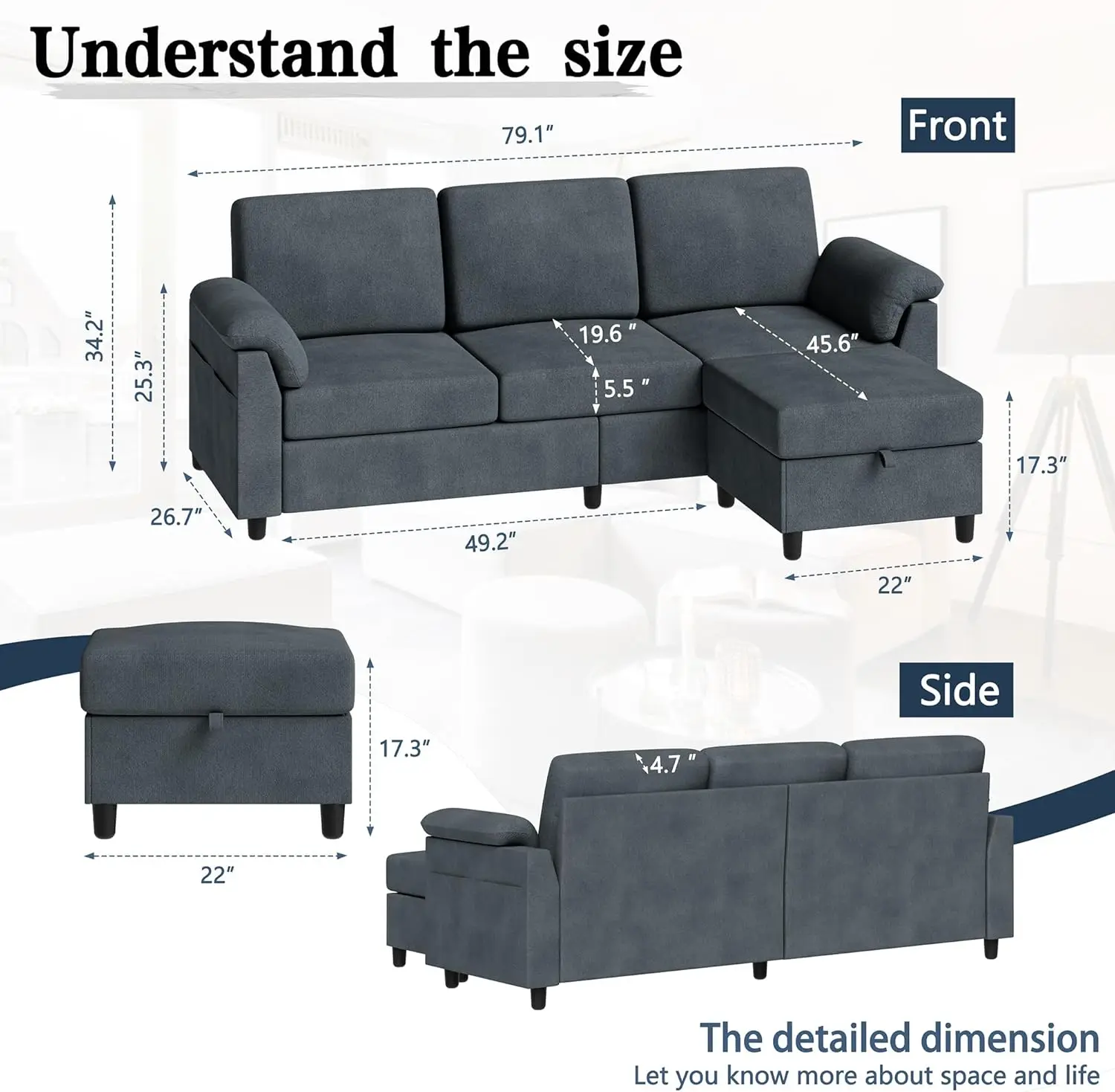 79” Modern Sectional Sofa Couch, Convertible L Shaped Couch with Reversible Ottoman, 3-Seat Sofa Sectional with Removab