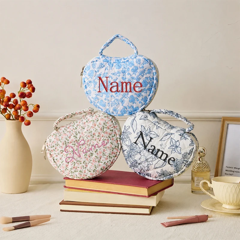 Personalized Embroidered Makeup Bag Custom Coquette Heart Floral Travel Makeup Pouch Wedding Toiletry Bag Bridesmaid Gifts