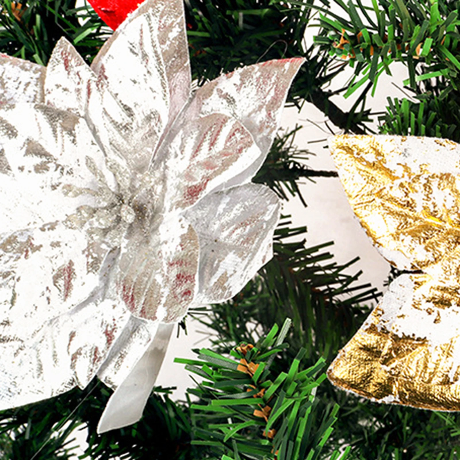 

4Pcs Christmas Flower Decorations Artificial Cloth Simulated Xmas Tree Flowers Glitter Xmas Party Decor Creative Flower