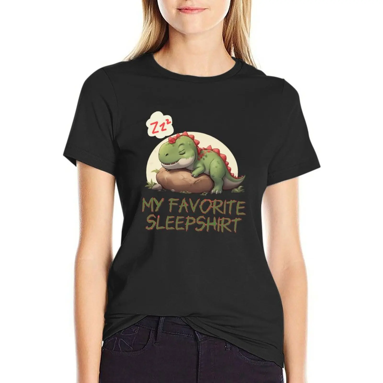 T-shirt noir coupe ample pour femmes, mini t-rex mignon, dormir sur les rochers, médicaments d'été