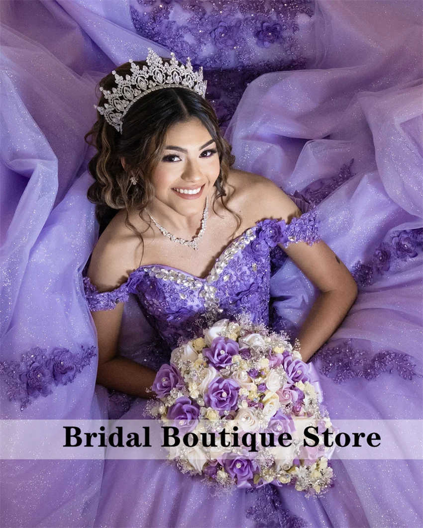 Lavender Purple Ball Gown Quinceanera Dress 3D Flowers Applique Crystals Sweet 16 Birthday Vestidos De 15 XV Años Customized