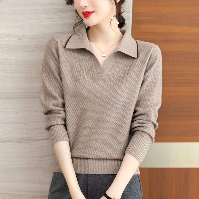 

Women's Clothing Turn-down Collar Patchwork Solid Temperament Intellectual Dignified Autumn Winter Thick Pullovers Elegant F489