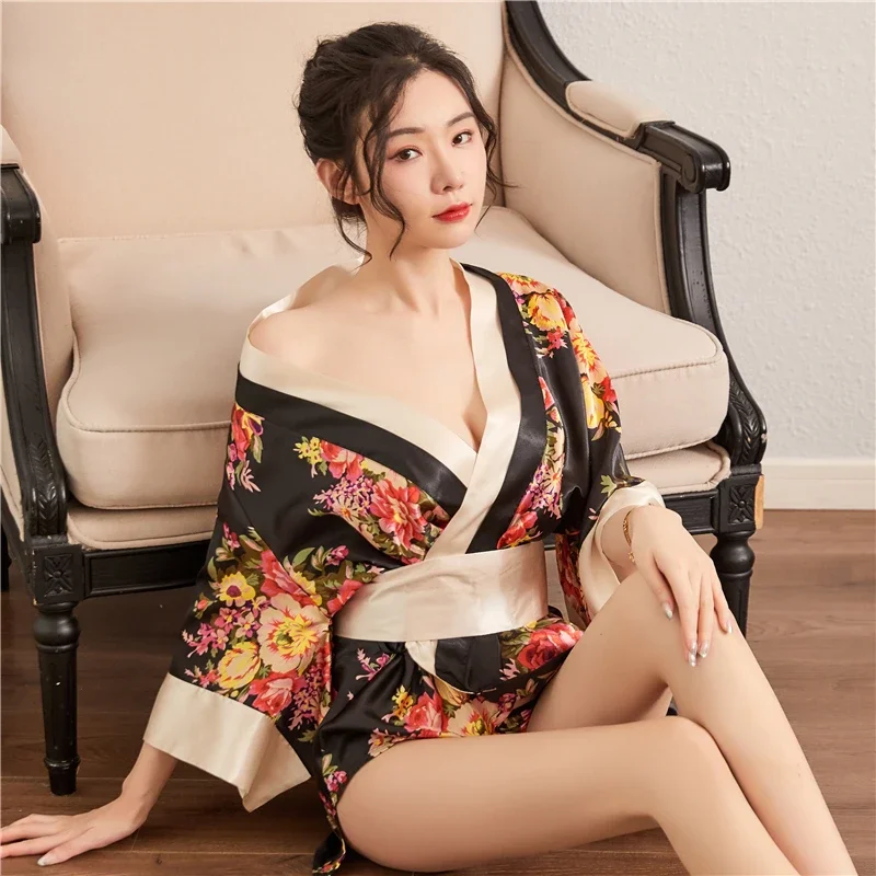 Fahion Hot Women's Large-Size Printed Japanese Kimono Lace-Up Pajamas Sexy Lingerie Uniform Set