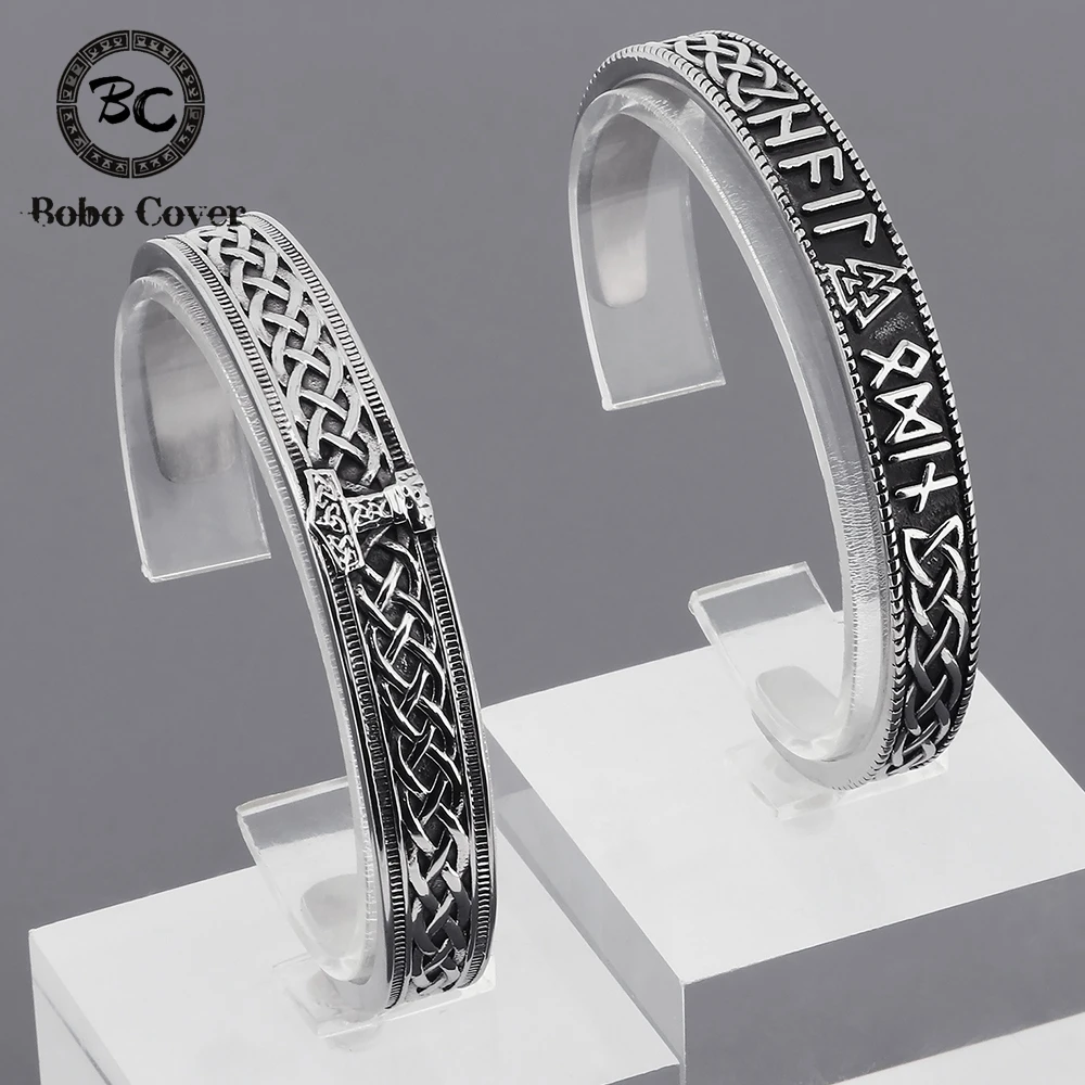 Punk Vikings Thor's Hammer Cuff Bangle Men Stainless Steel Norse Runes Celtic Knot Valknut Amulet Bracelet Scandinavian Jewelry