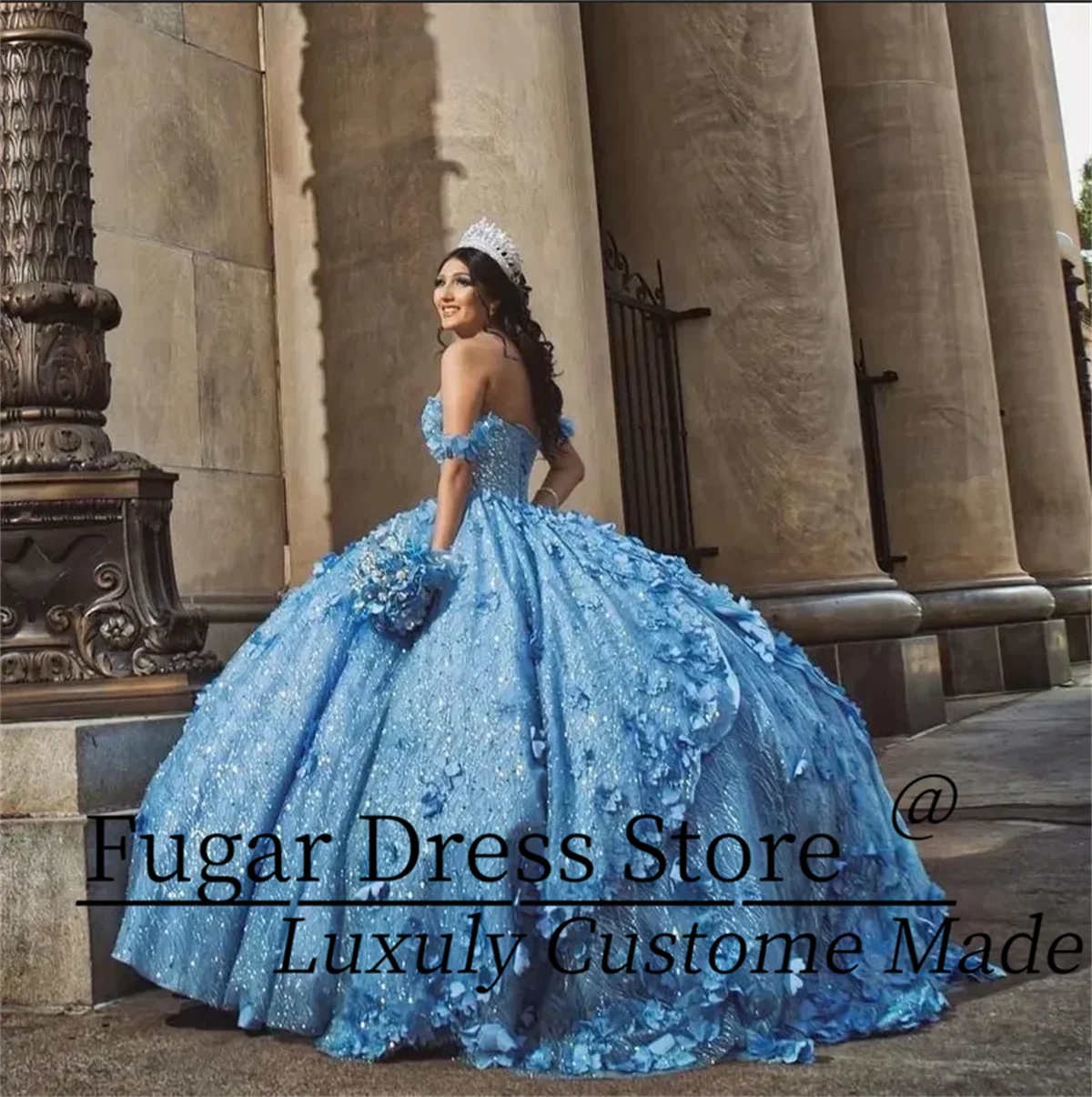 

Customized Sky Blue Quinceanera Prom Dresses 3D Flowers Sequin Sweet 15 Party Gowns Sparking Bead Ball Gown Girls Pageant Dress
