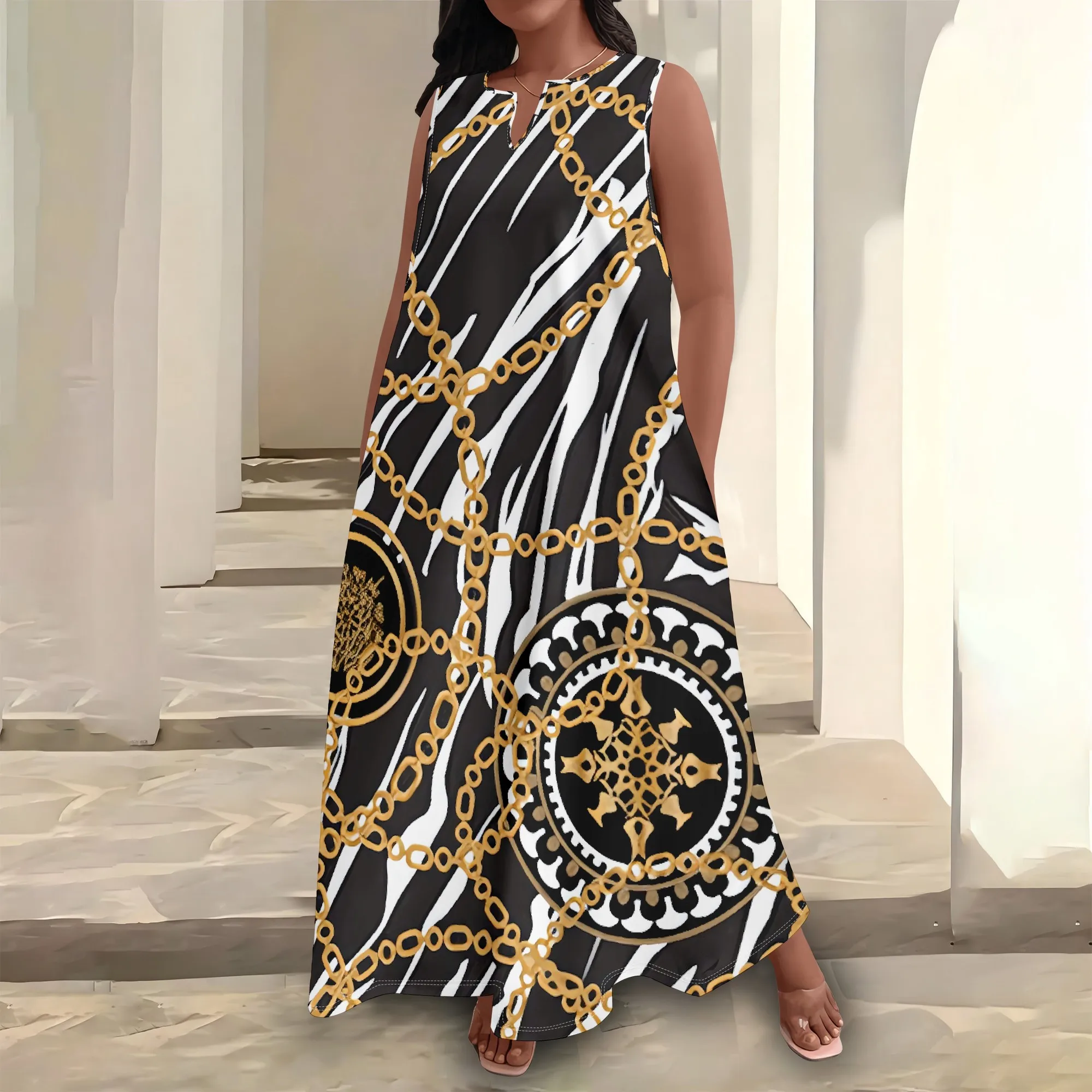 

Plus Size Women's Summerl Fashion Printed African Style Sleeveless Round V Neck Dress Loose And Casual Dress