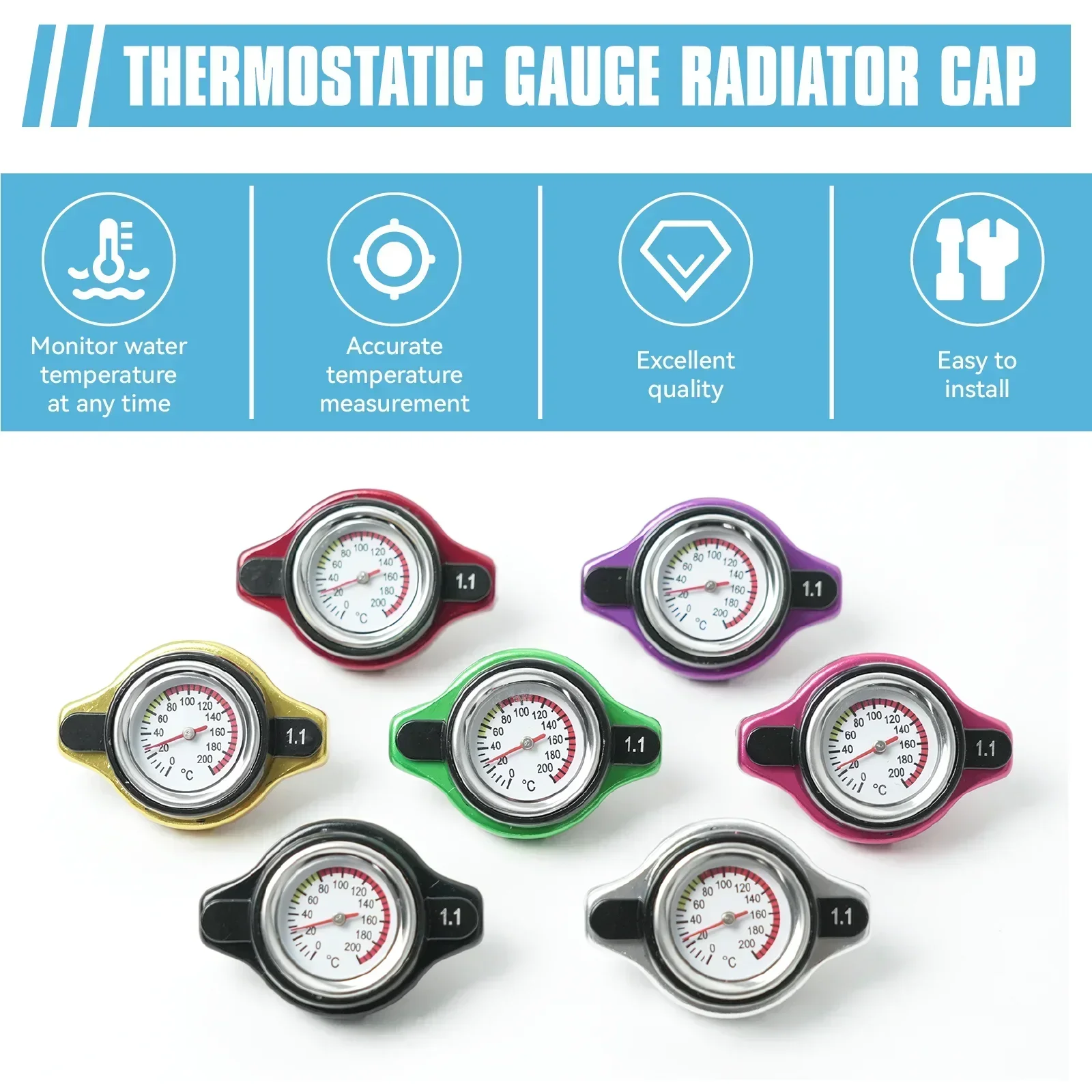 

7 Colour Car Motorcycle Styling 0.9 Bar High Pressure Radiator Cap Tank Cover Water Temperature Gauge with Utility Safe