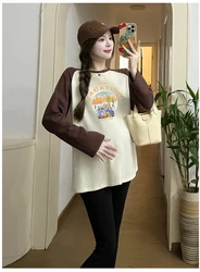 Korean Style Batwing Sleeve Maternity Cotton Shirts Long Sleeve O-Neck Pregnant Woman Blouses Irregular T-Shirts Tees and Tops