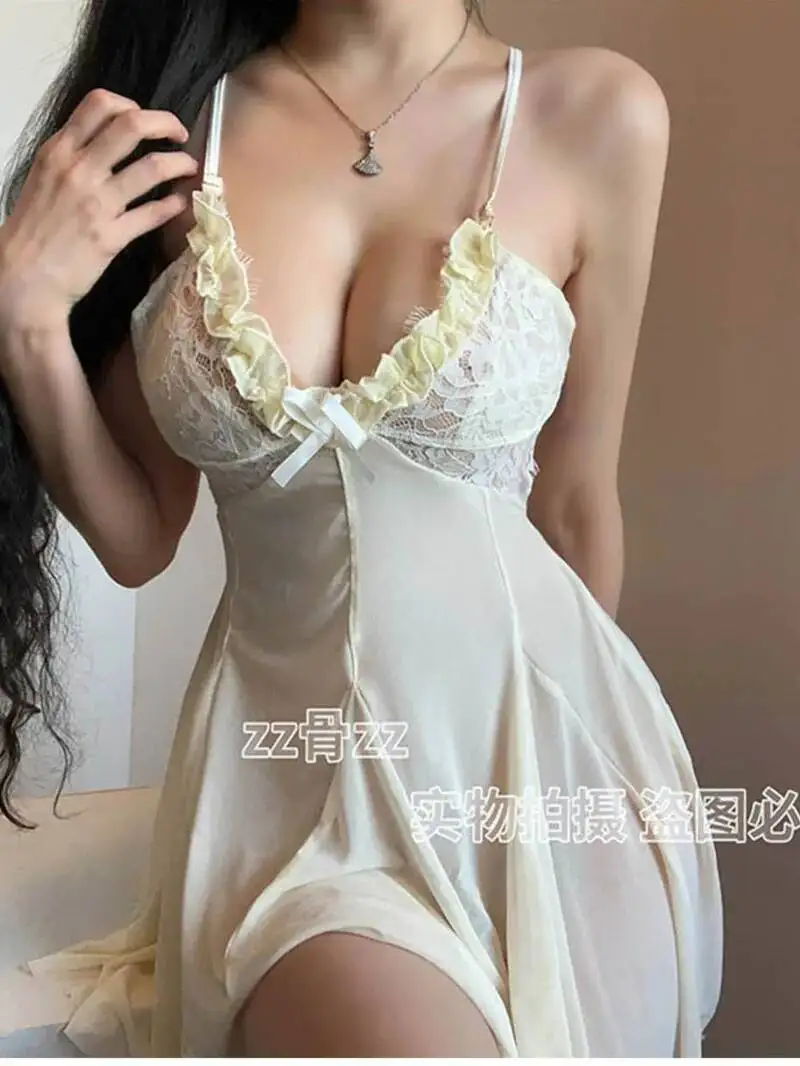 New Sweet Youthful Mesh Transparent Sexy Suspender Dress Elegant Short Lace Sheer V Neck Sweet Women Mini Dress Fairy Dress Y7C3