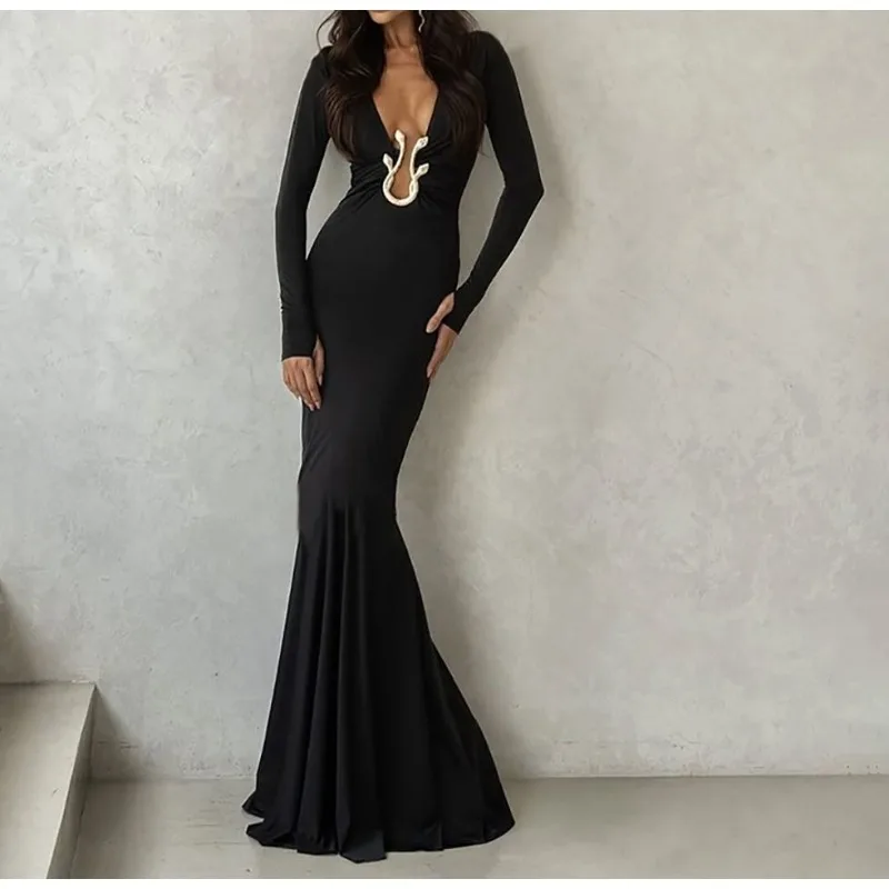 

2025 Fashion Buckle Decorative Hollow Vera Slim-fitting Long-sleeved Dress for Women