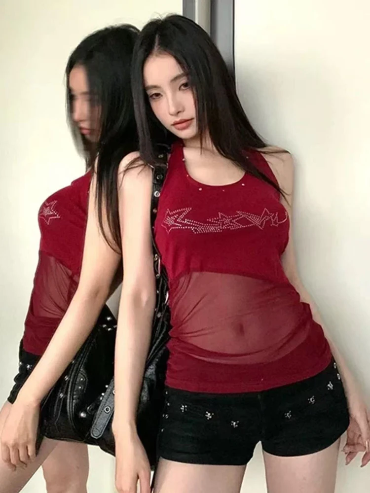 Retro Halter Neck Camis for Women Summer Sexy U Neck Streetwear Sleeveless Crop Tops Y2K Aesthetic Mesh Patchwork Hot Girls Tank