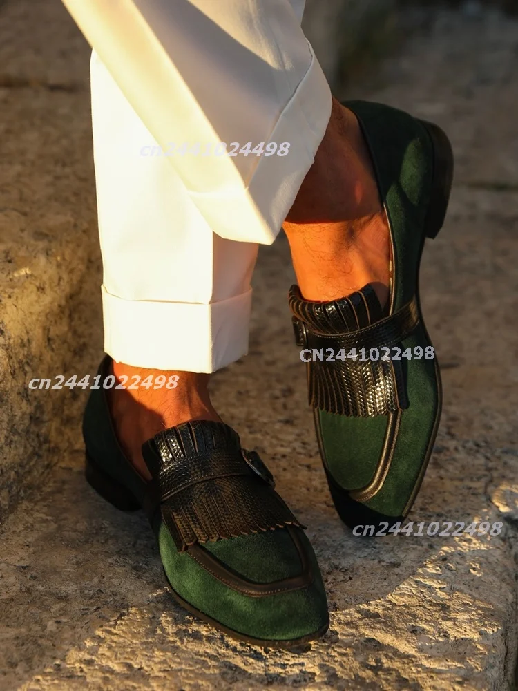 Men's Dark Green Suede Leather Tassel Loafers Snakeskin Pattern Metal Buckle Shoes Slip On Low Heel Classic Formal Business Shoe
