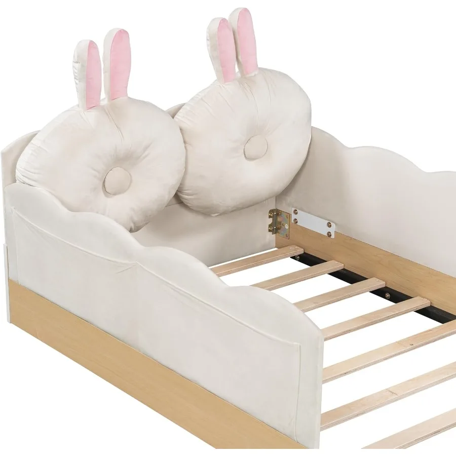 Lovely twin size upholstered platform bed frame with soft pillows and storage bags featuring a cute rabbit ear shaped headboard