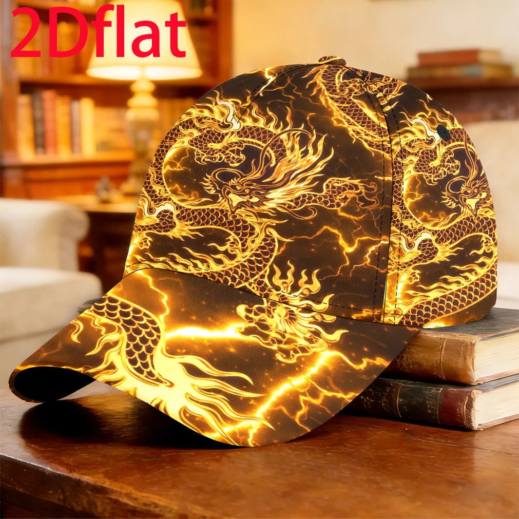 Golden Chinese Dragons Amidst Lightning Baseball Cap Fishing Trip Full Print Jogging Cab Driver Cap Outdoor Sports