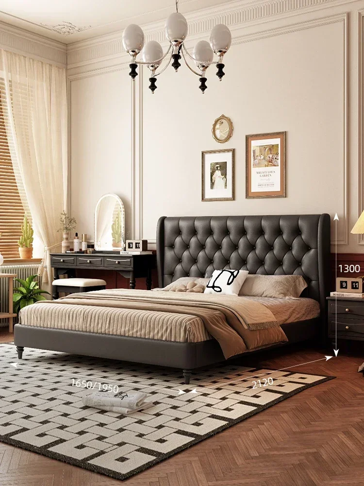 

Modern Bedroom Soft Pack Bed French Retro Domestic Double Bed Black Rhombus Soft Cushion Solid Wood Bed