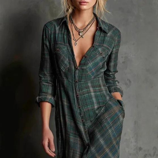 Sukienka damska w kratę w stylu retro, długa, elegancka, z długim rękawem, prosta, inspirowana modą uliczną z Europy i Ameryki, kolekcja 2025, vestidos.