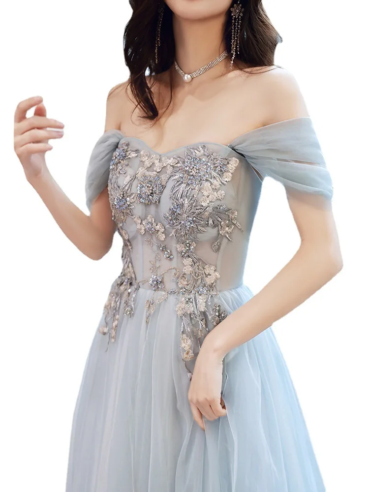 Vestido de noche elegante con hombros descubiertos, apliques tridimensionales de tul clásico, línea A, largo hasta el suelo, color azul claro, vestido para quinceañeras