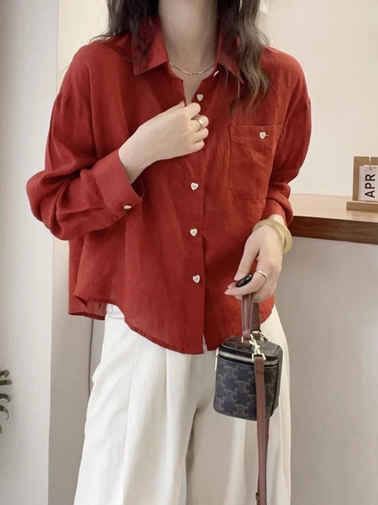 

Red Silk Linen Lightweight Summer Shirt Women's Loose Slimming Long Sleeve Sun Protection Top Fashionable Versatile Korean Style