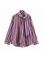 Women New Music Festival Chic Blouse Women's Loose Fit Striped Shirt Bow Single Breasted Simple Casual Female Top - Image 2