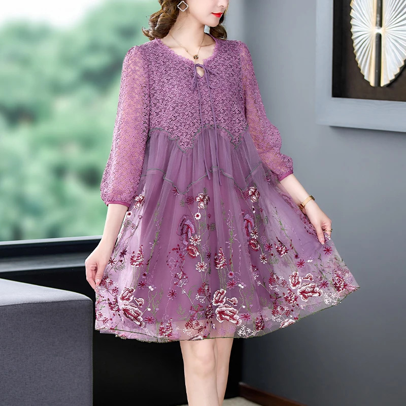 

Spring/Summer 2023 O-Neck Mesh Embroidered Dress Women's High End Fashionable Flower Embroidery Large Relaxed Slim Skirt