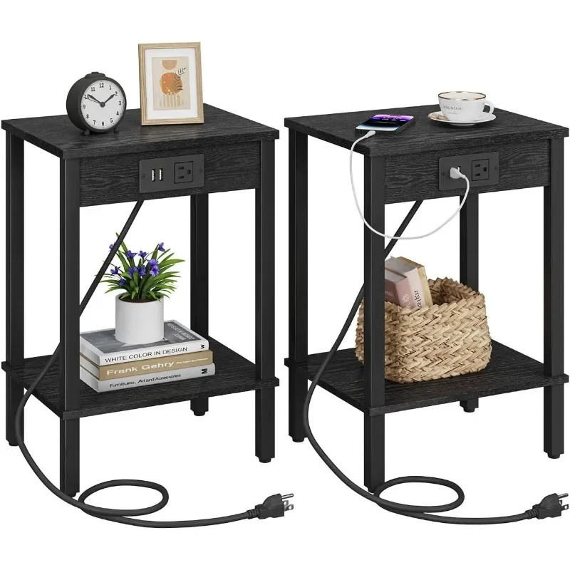 Set of 2 End Table with Charging Station, Narrow Side Table with USB Ports and Outlets, Nightstands with 2-Tier Storage Shelves,