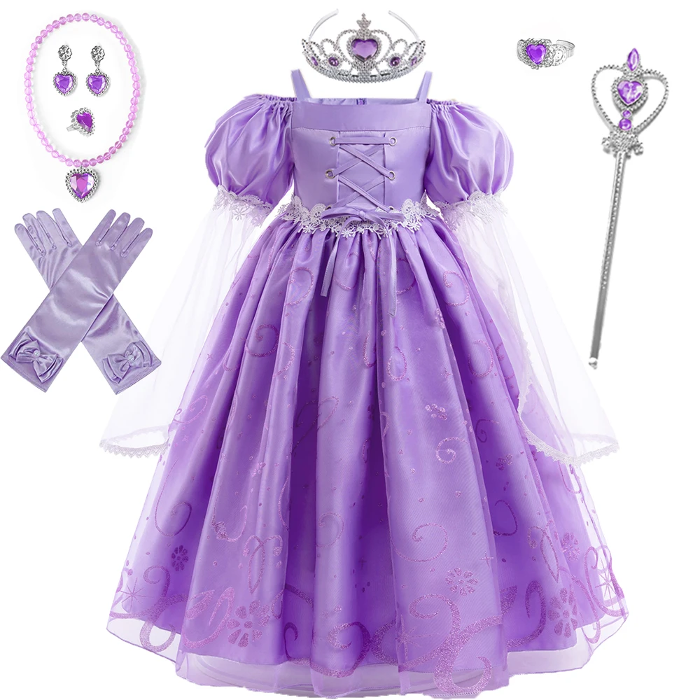 

Fancy Princess Sofia Costume For Girl Carnival Flower Lace Birthday Party Prom Gown Elegant Movie Role Play Girls Dresses Outfit