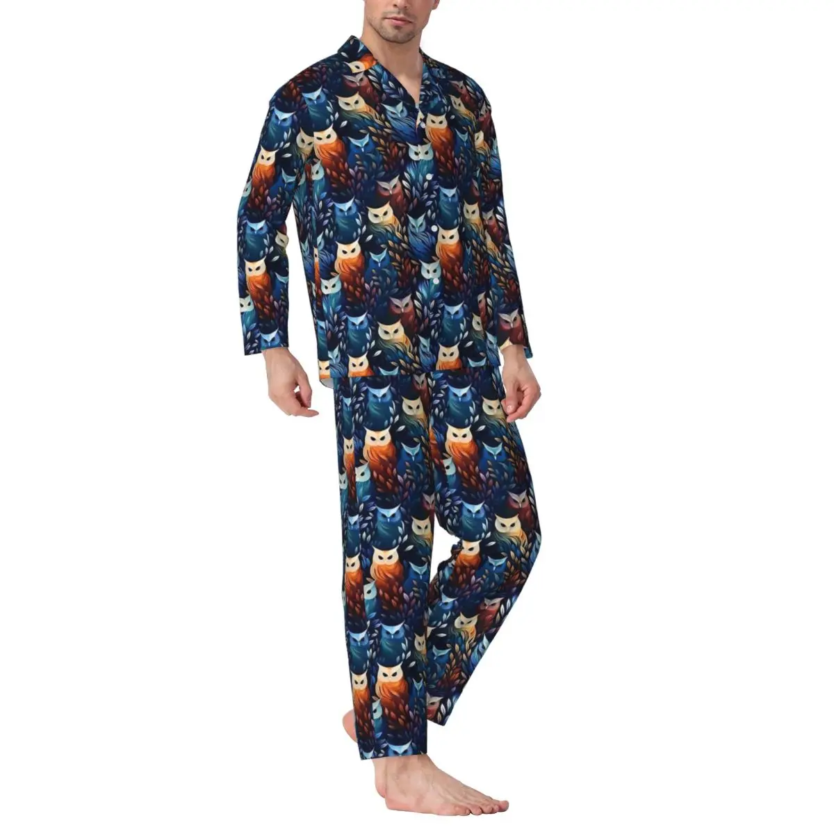 Vibrant Bold Owl Pajamas Male Abstract Aniaml Kawaii Home Nightwear Autumn 2 Piece Vintage Oversized Graphic Pajama Sets