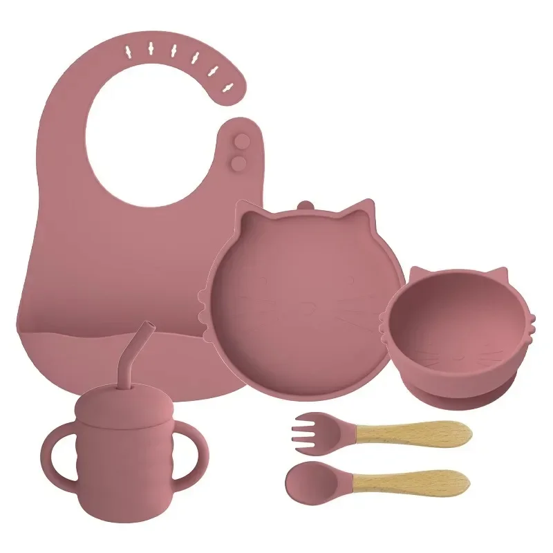 Cute Cat Dining Plate Baby Supplementary Food Sucker Children's Fork Spoon Non slip Silicone Bowl Supplementary Food Set