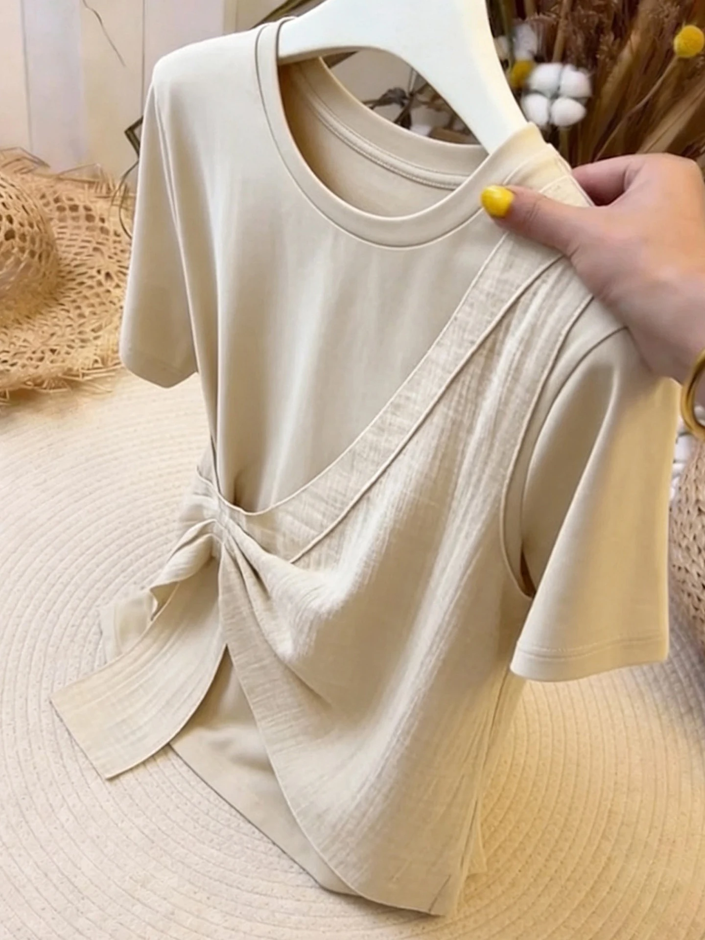 

Fashionable Fake Two-Piece Design Short Sleeve Lazy Style Women's T-Shirt Overhead Summer Clothing Korean Loose Fit round Neck
