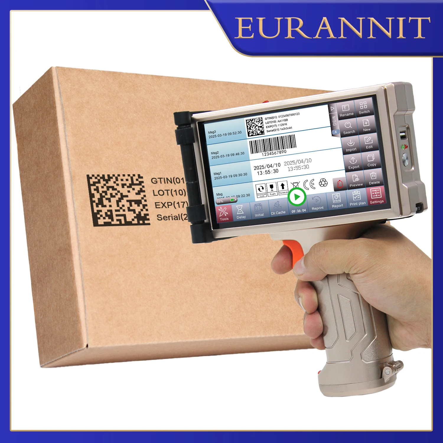 

Промышленный ручной струйный принтер EURANNIT PRX880 1200PDI с 6,5-дюймовым сенсорным экраном для текстового QR-кода, счетчика логотипа, номера партии