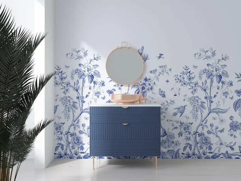 Watercolor Chinoiserie Design Blue Florals Wallpaper, Customizable Wall Mural. Modern Bathroom Toilet Mural, Flowers And Birds W