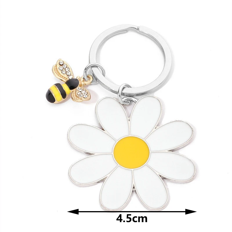 Cute White Daisy Keychain Enamel Crystal Bee Metal Keychains Pendant Purse Bag Decoration Women Girls Flower Charm Accessories