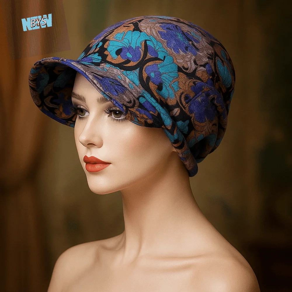 

Slouch Design Print Design Chemo Caps Comfortable Cotton Hair Loss Cap Wide Brim Breathable Visor Cap Hair Loss