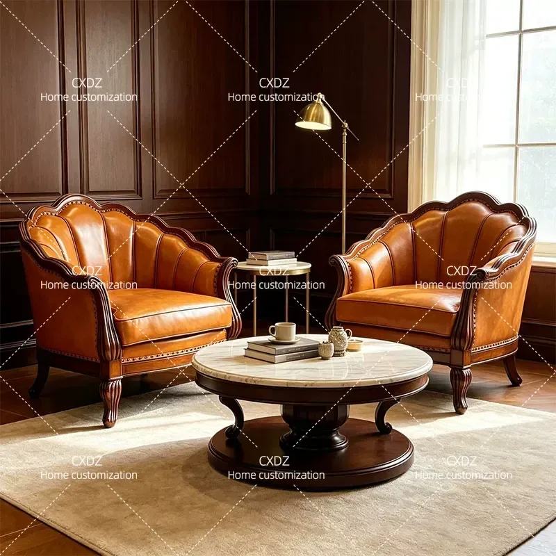 American Retro Leather Single Sofa Solid Wood Carved Flower Living Room Leisure Chair Tiger Chair for Meeting Room Home