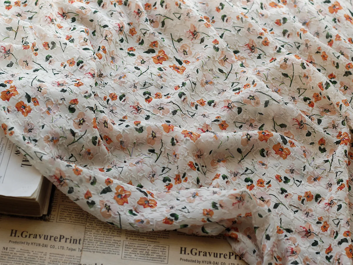 135cm wide Orange Color Printed Flower Chiffon 3D Crepe Fabric,DIY Sewing Patchwork Fabric X1432