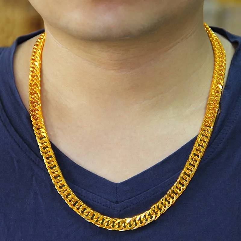 Pure Gold Color 6mm/8mm/10mm Wide Cuban Necklace for Men 60cm Long Fashion 24k GP Heavy Hip Hop /Rock Chain Jewelry Not Fade