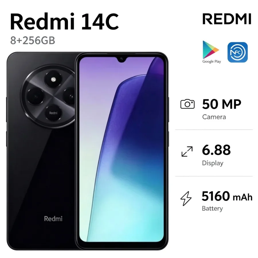 2026 New Redmi 14C Global Version Factory Unlocked Dual SIM Android Smartphone 8GB RAM 256GB 6.88 Inch Sharp 120Hz HD Screen