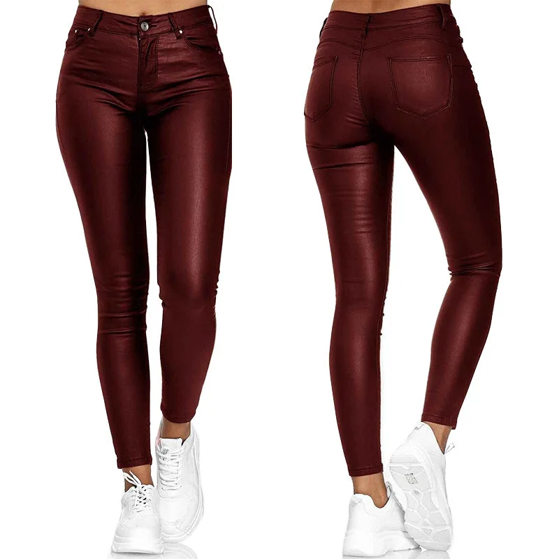 New Fashion Bodycon Faux Leather Pants Women's Sexy Stretch Casual Leggings Solid Leather Bodycon Pencile Pants Women Streetwear