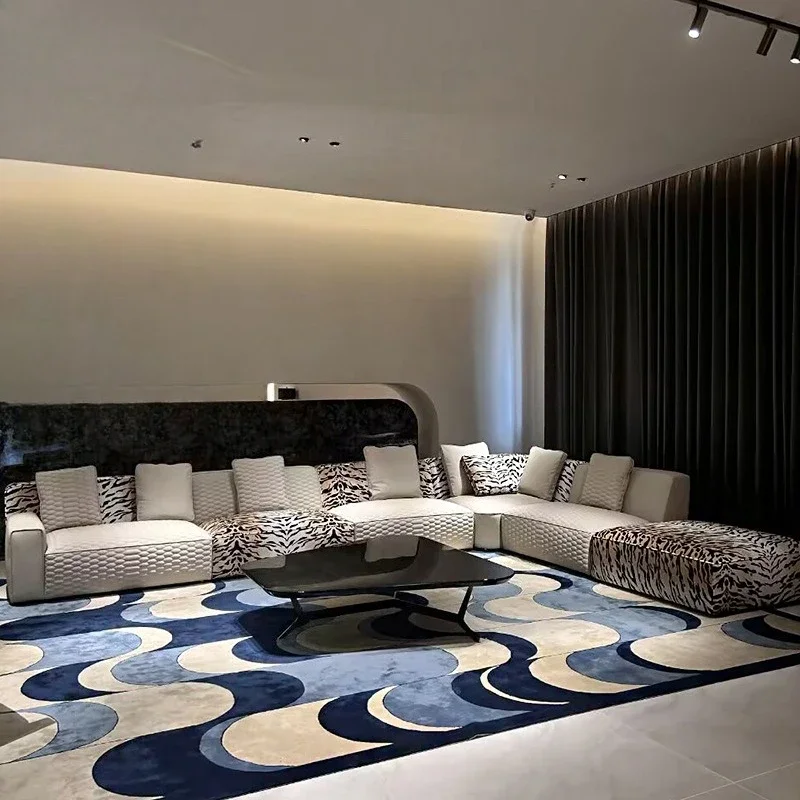 أريكة جلدية برية فاخرة خفيفة، Ho me combinat ion L-sha ped Luxury lar ge apar tment